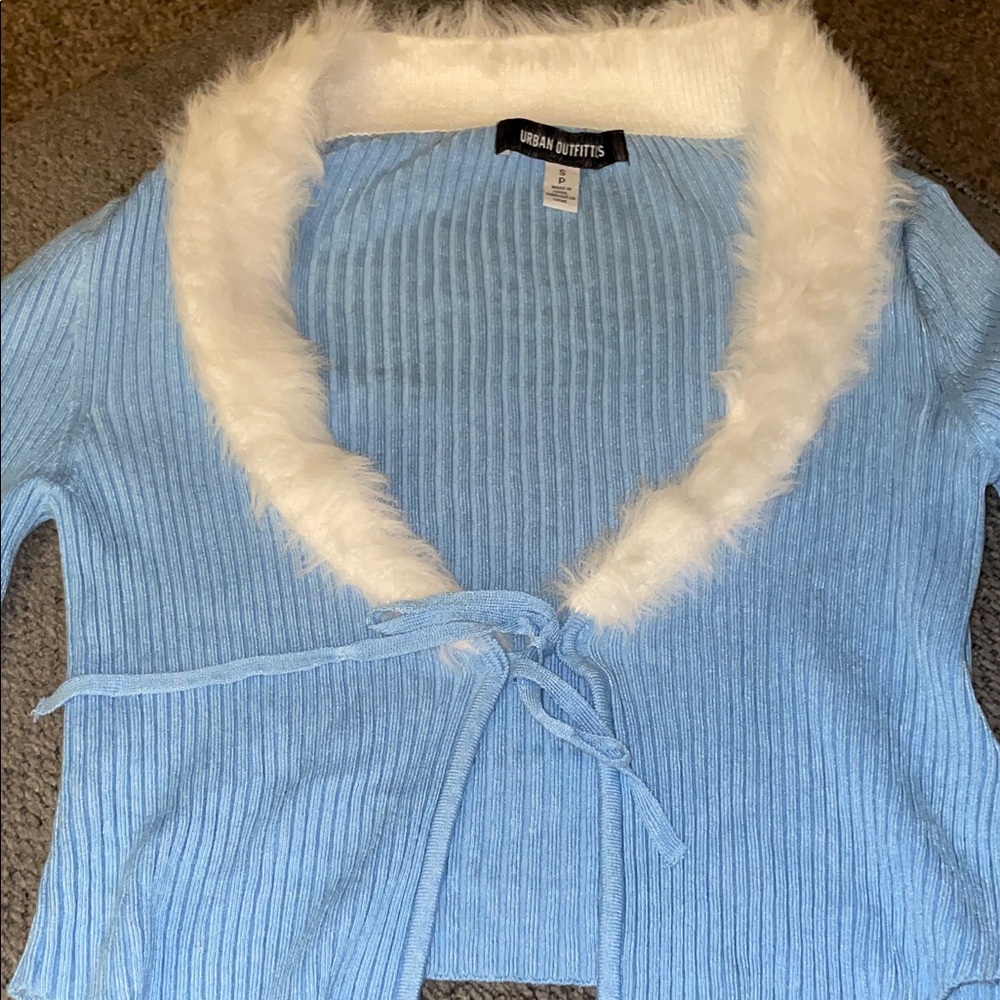 Urban Outfitters Light Blue Cardigan with White Fur Trim